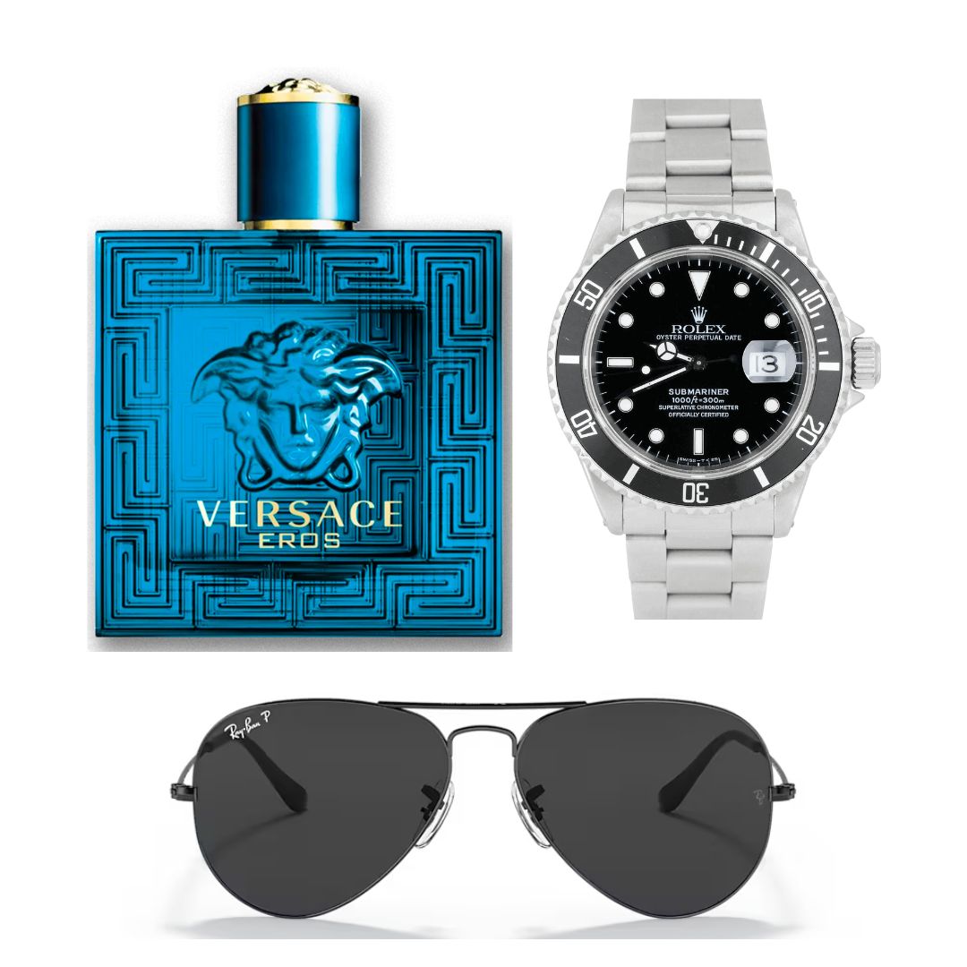 PERFUME EROS+ROLEX PLATA NEGRO+GAFAS RAY-BAN